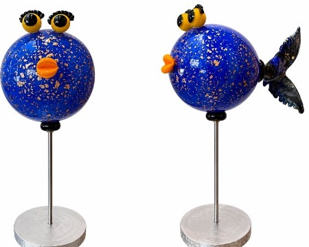 Poisson bulle bleu tacheté - Glass sculpture -19" height  x  15" width